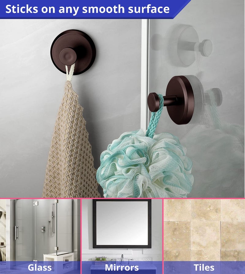 HOME SO Suction Cup Hooks for Shower, Bathroom, Kitchen, Glass Door, Mirror, Tile - Loofah, Towel, Coat, Bath Robe Hook Holder for Hanging up to 15 lbs - Waterproof & Rustproof, Dark Bronze (2-Pack) - Image 3